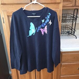 Talbots Navy Sweater with Vibrant Butterfly Design 2XL